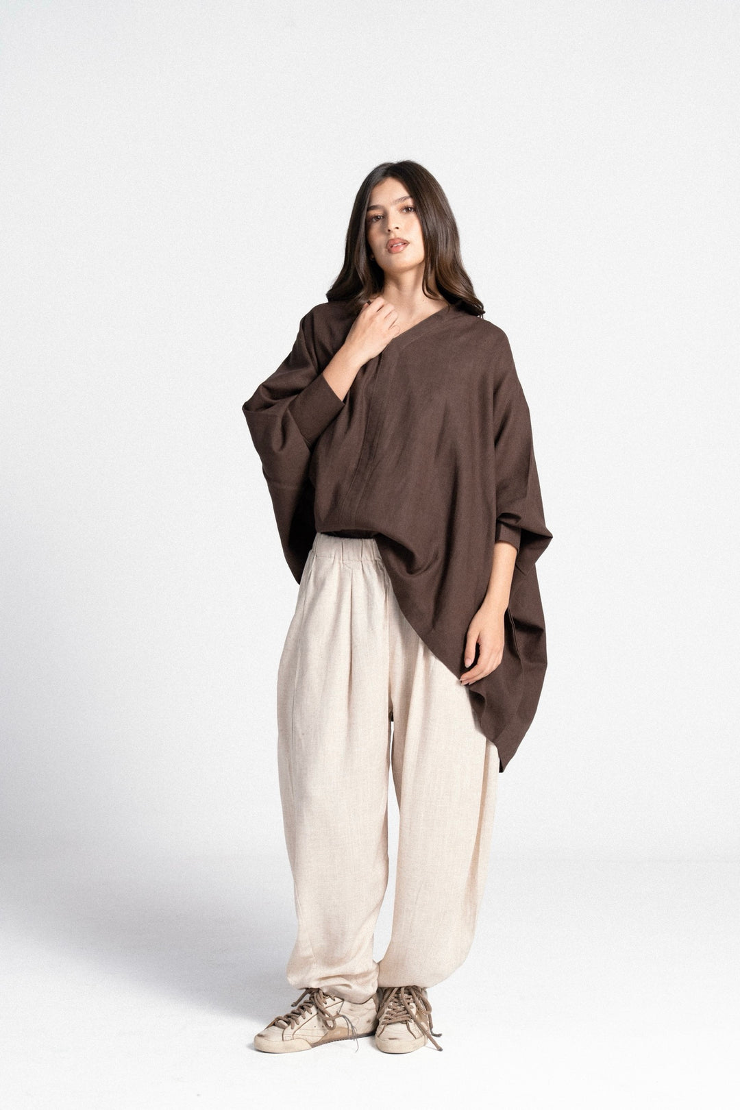 Linen V-Neck Top - Brown