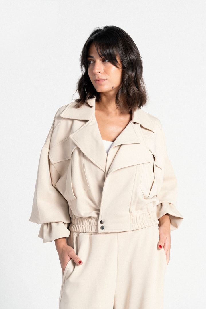 Cuff Cropped Jacket - Cream Beige