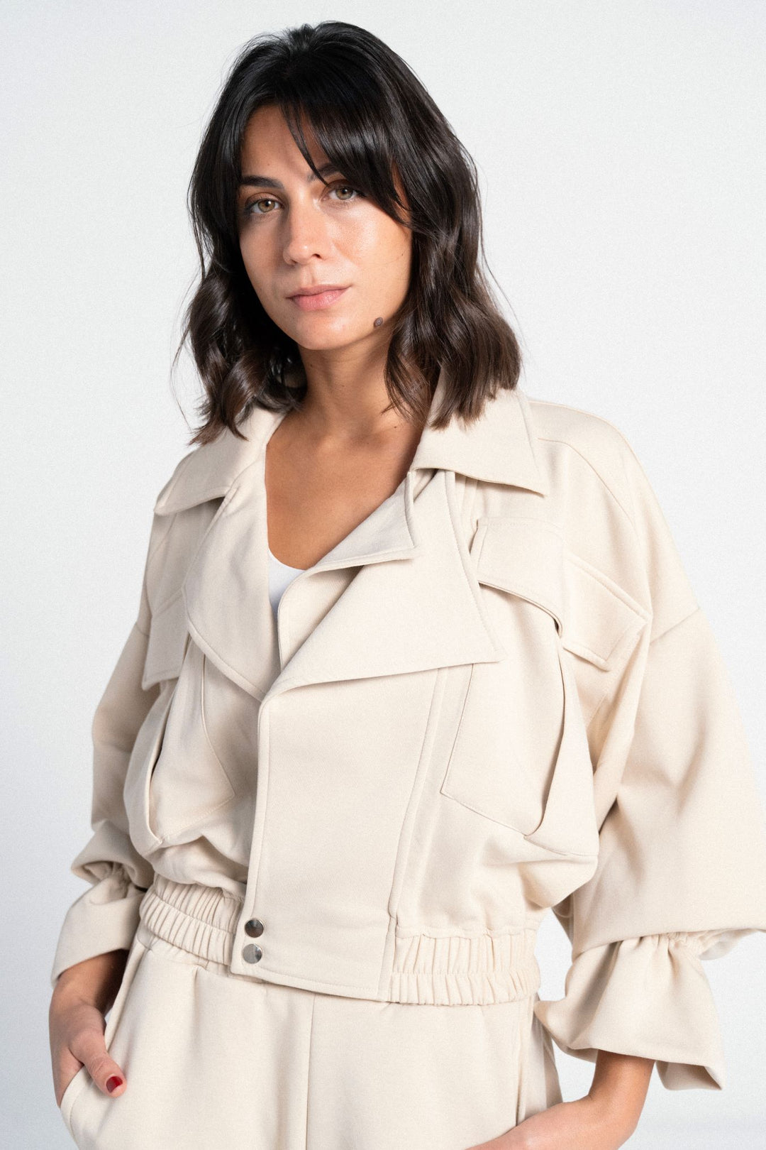 Cuff Cropped Jacket - Cream Beige