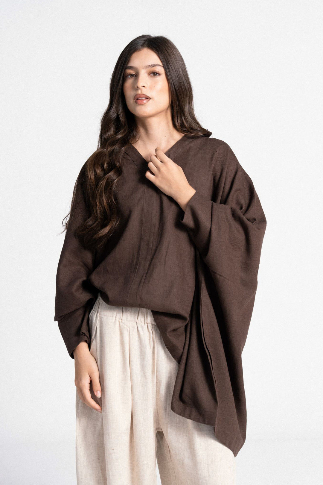 Linen V-Neck Top - Brown