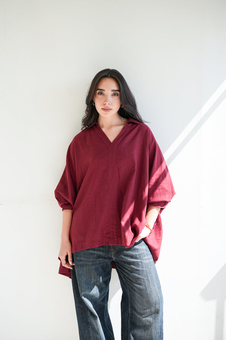 Linen V-Neck Top - Burgundy