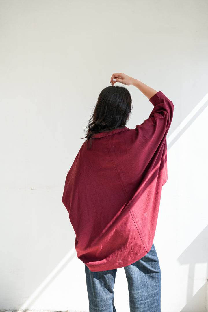 Linen V-Neck Top - Burgundy