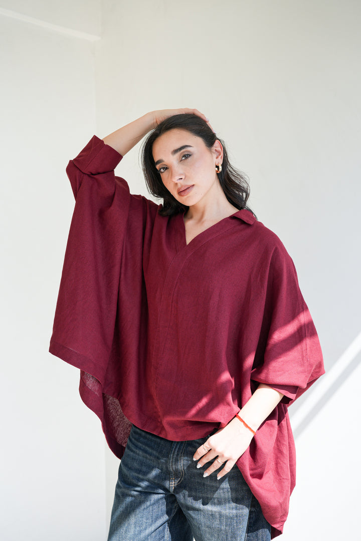 Linen V-Neck Top - Burgundy