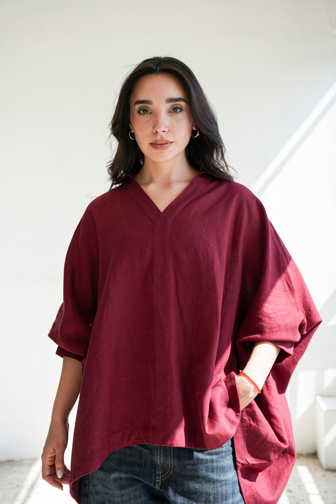 Linen V-Neck Top - Burgundy