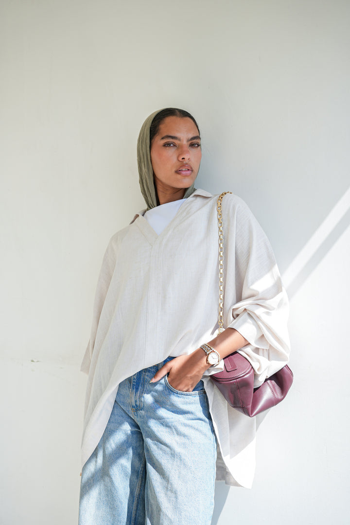 Linen V-Neck Top - Beige
