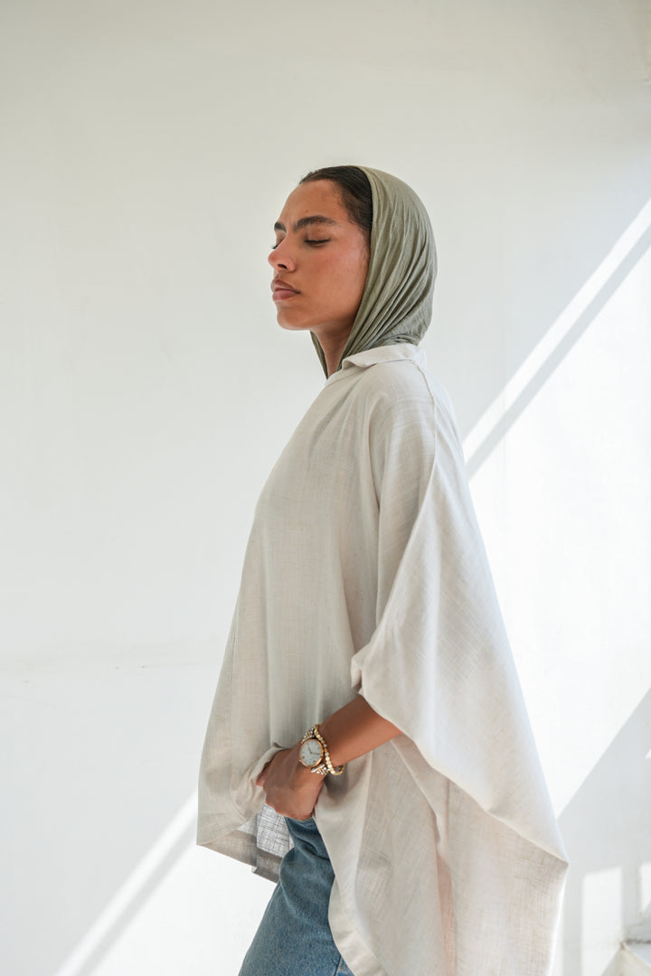 Linen V-Neck Top - Beige