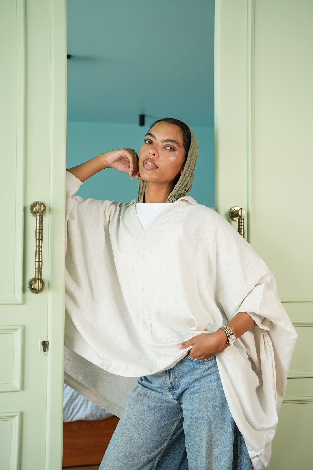 Linen V-Neck Top - Beige