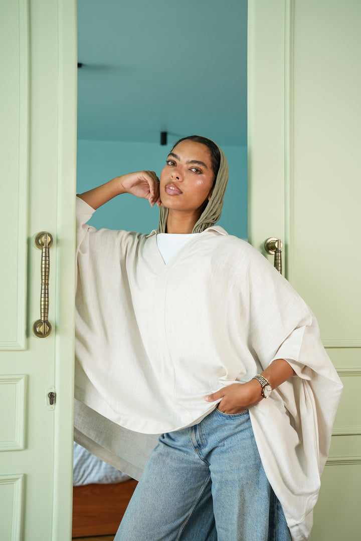 Linen V-Neck Top - Beige