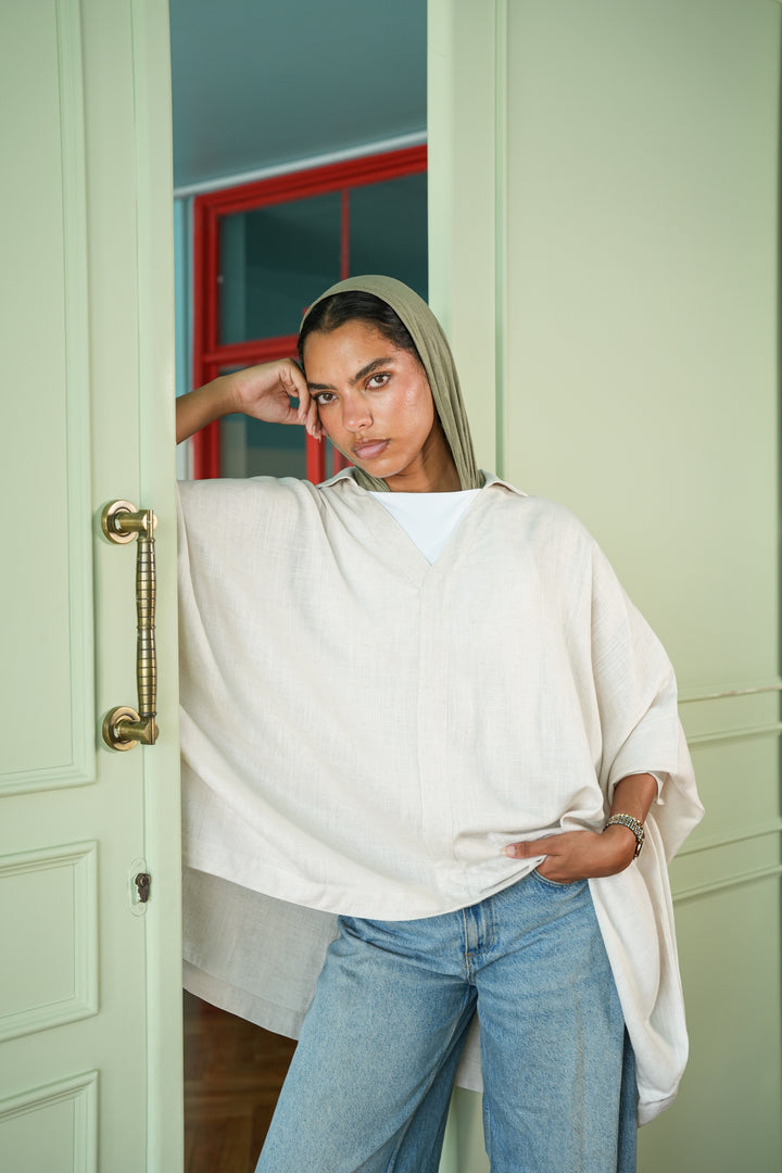 Linen V-Neck Top - Beige