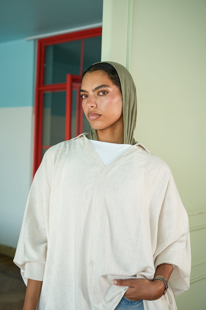 Linen V-Neck Top - Beige
