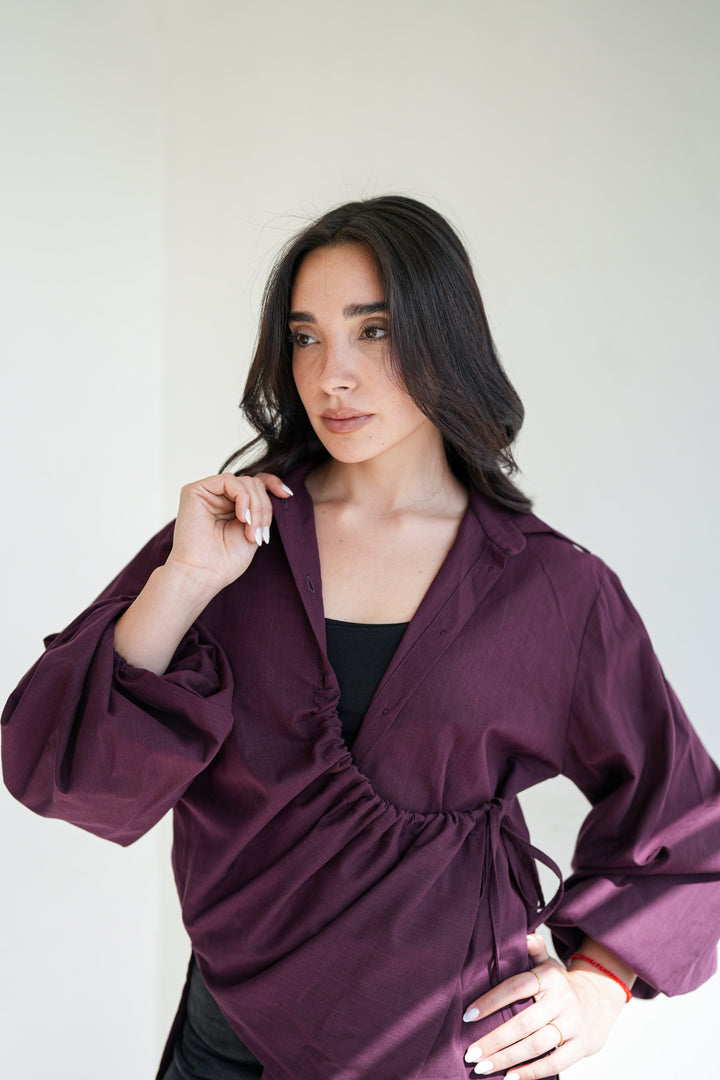 The Wrap Button Shirt - Burgundy
