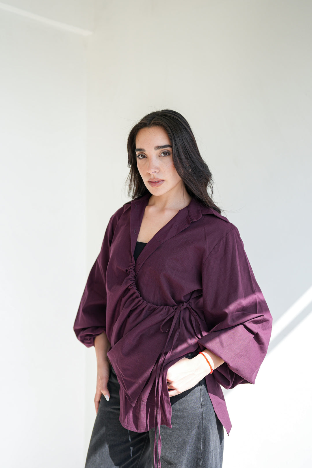 The Wrap Button Shirt - Burgundy