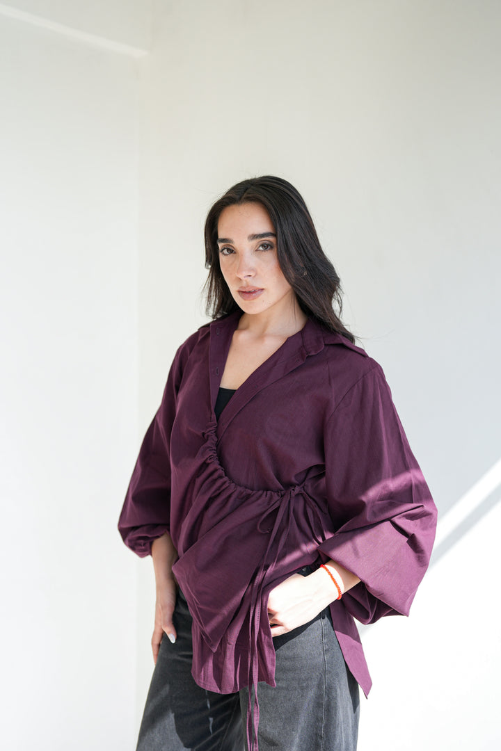 The Wrap Button Shirt - Burgundy