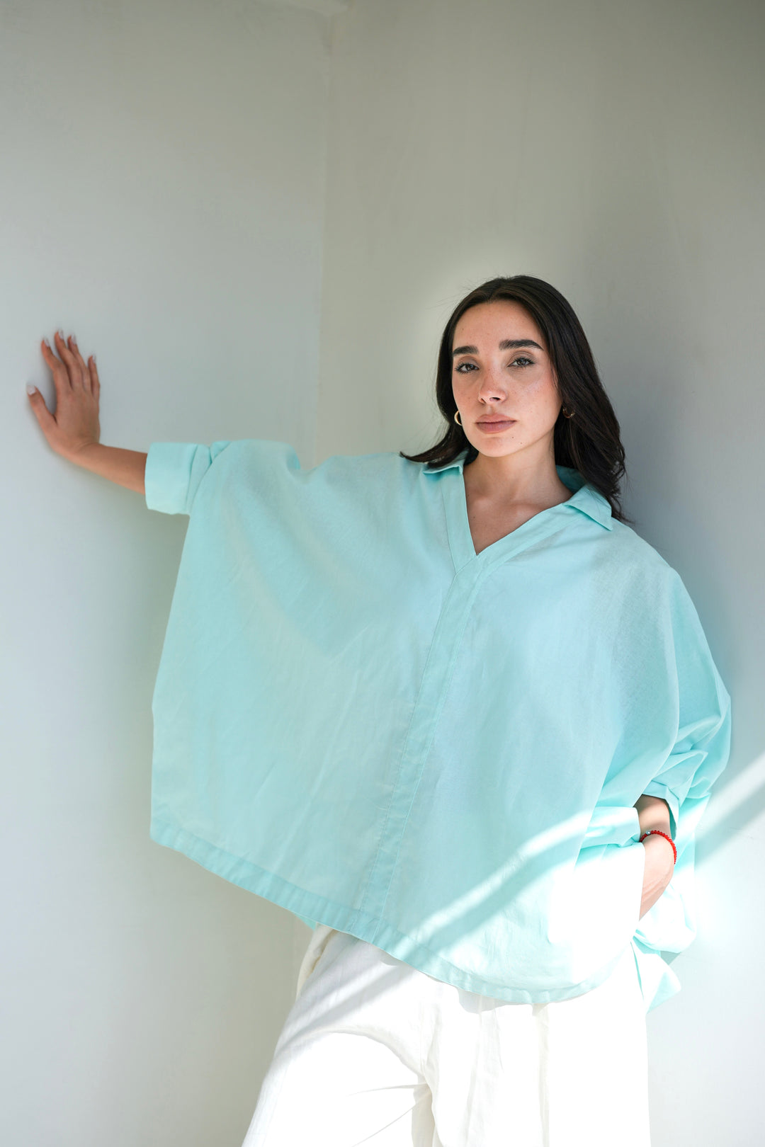 Linen V-Neck Top - Aqua