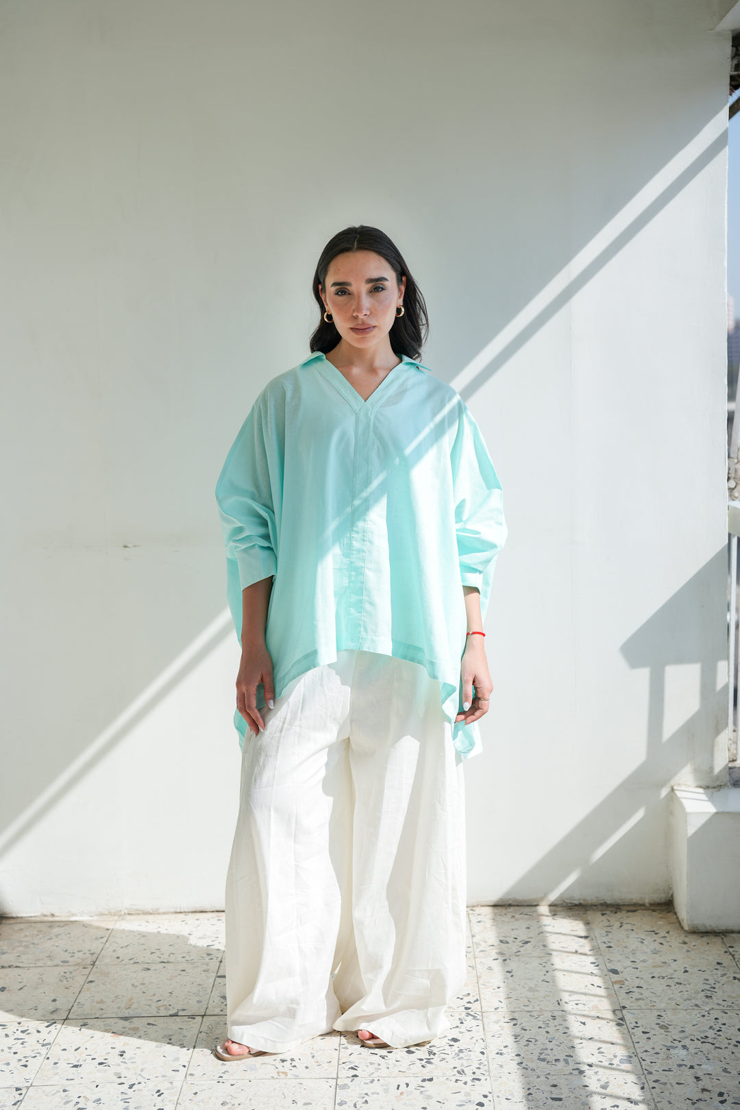 Linen V-Neck Top - Aqua