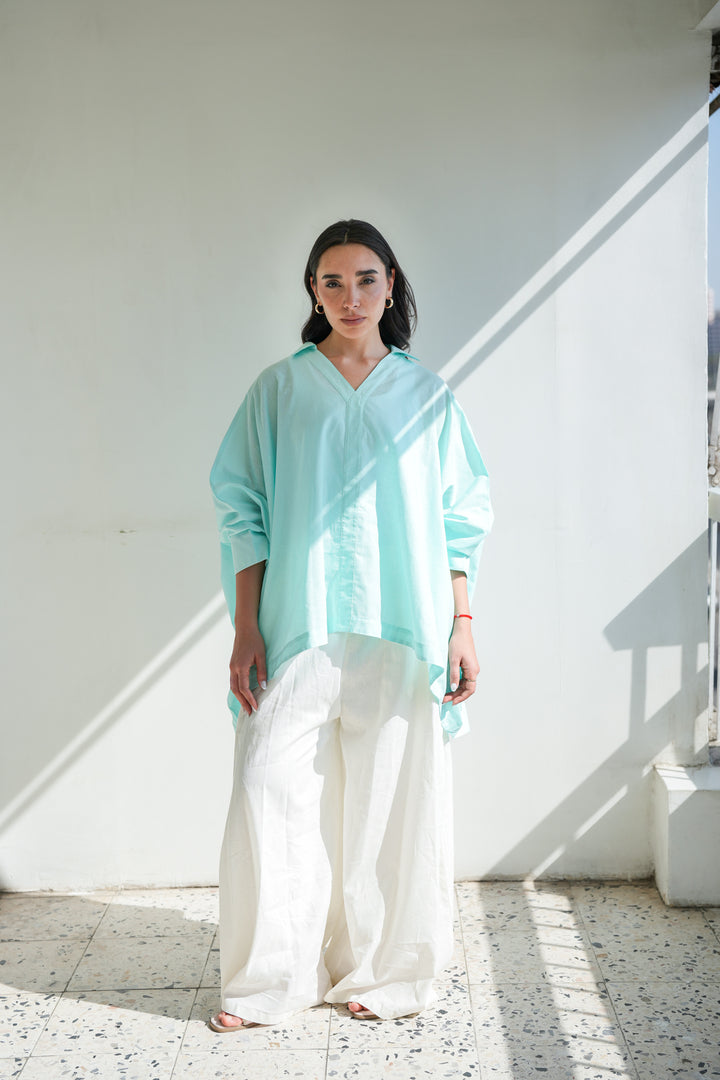 Linen V-Neck Top - Aqua