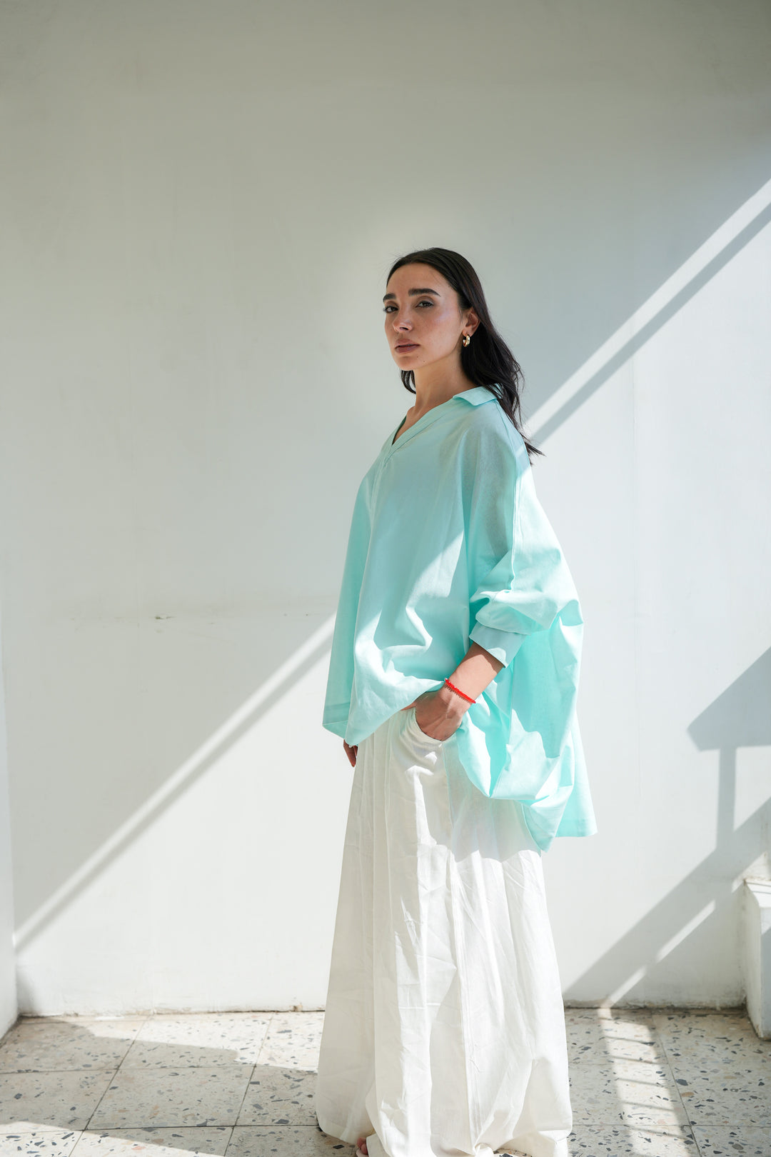 Linen V-Neck Top - Aqua
