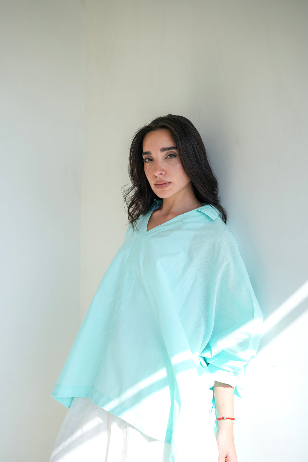 Linen V-Neck Top - Aqua