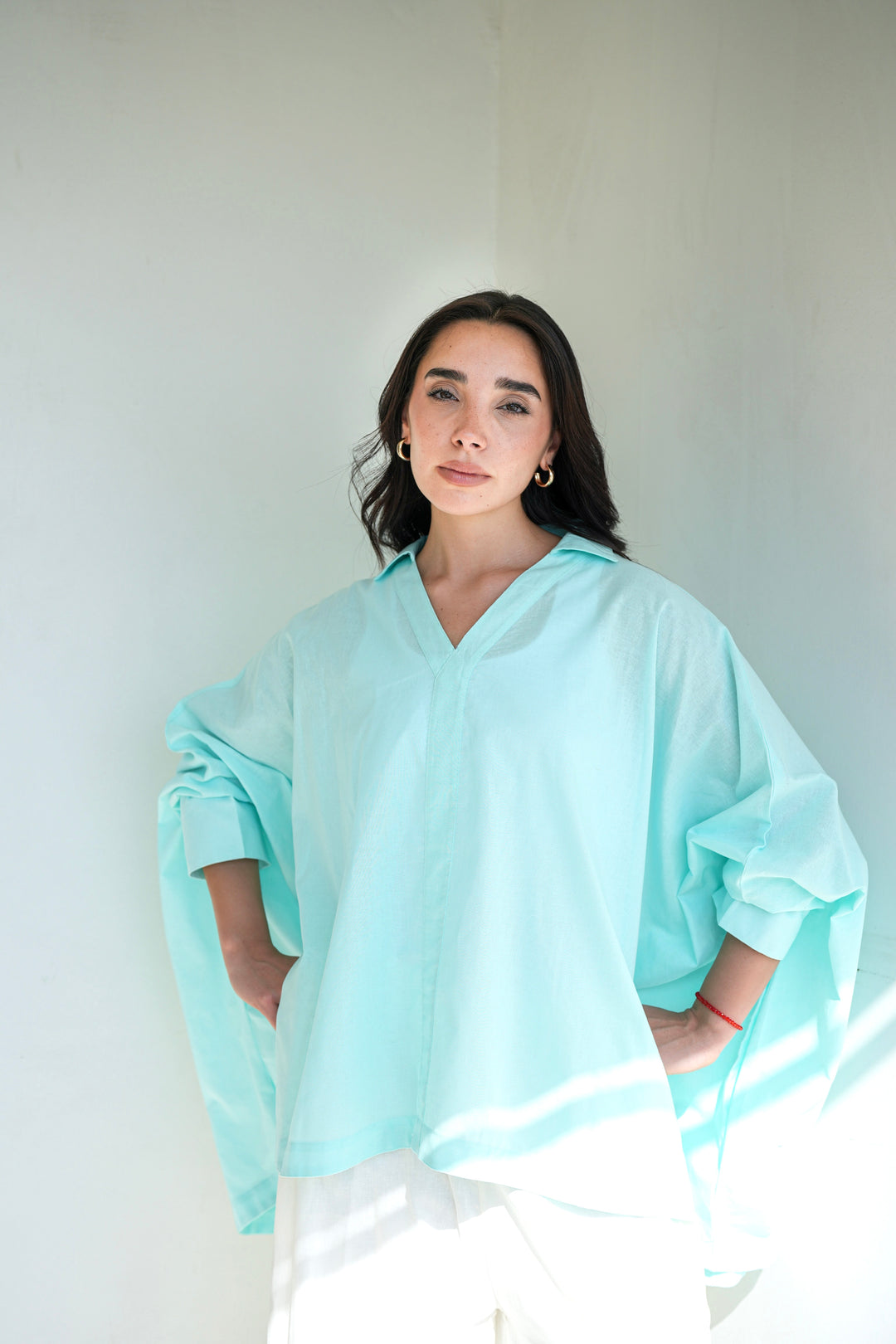 Linen V-Neck Top - Aqua