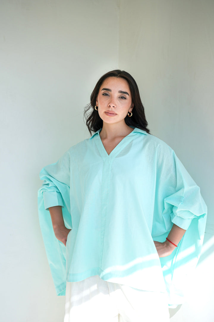 Linen V-Neck Top - Aqua