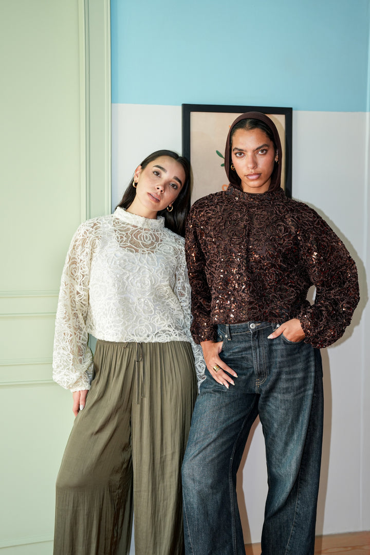 Sheer Embroidered Crop Top - Off White
