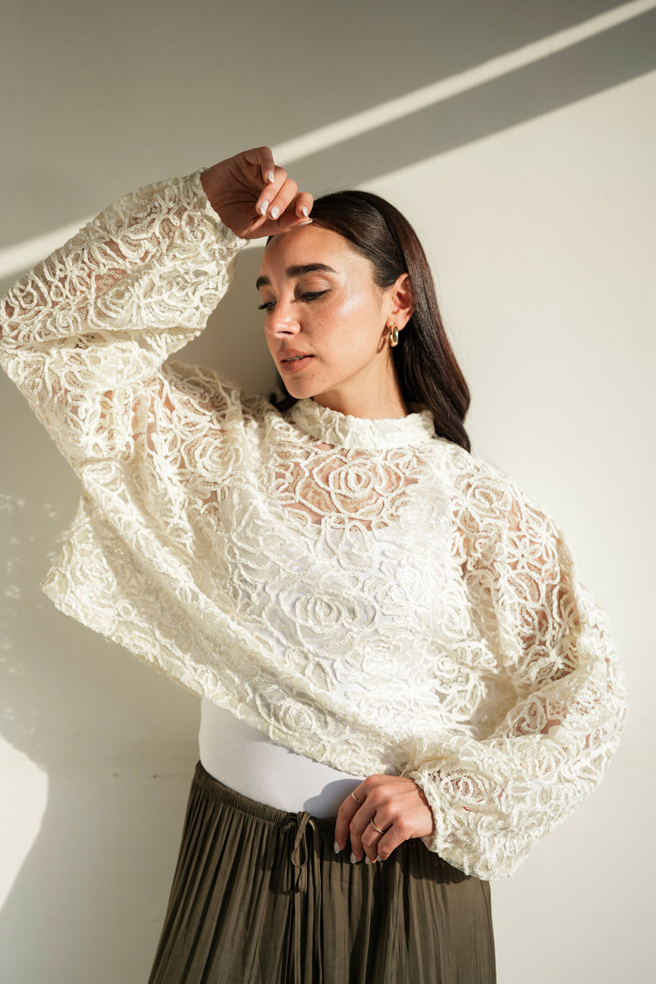 Sheer Embroidered Crop Top - Off White