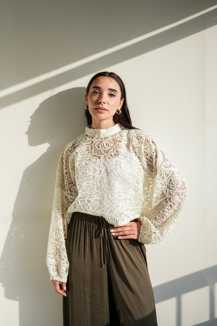 Sheer Embroidered Crop Top - Off White