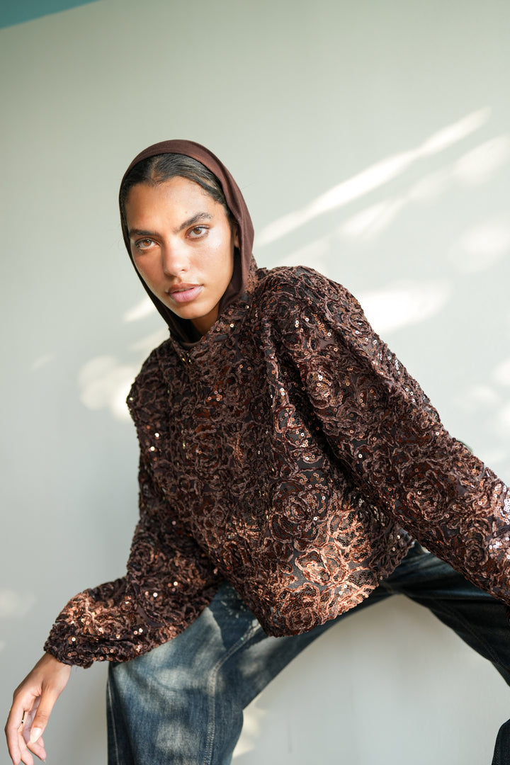 Sheer Embroidered Crop Top  - Brown