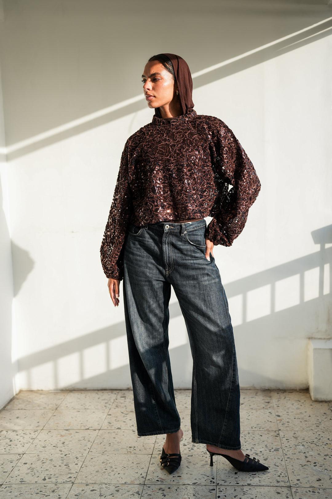 Sheer Embroidered Crop Top  - Brown