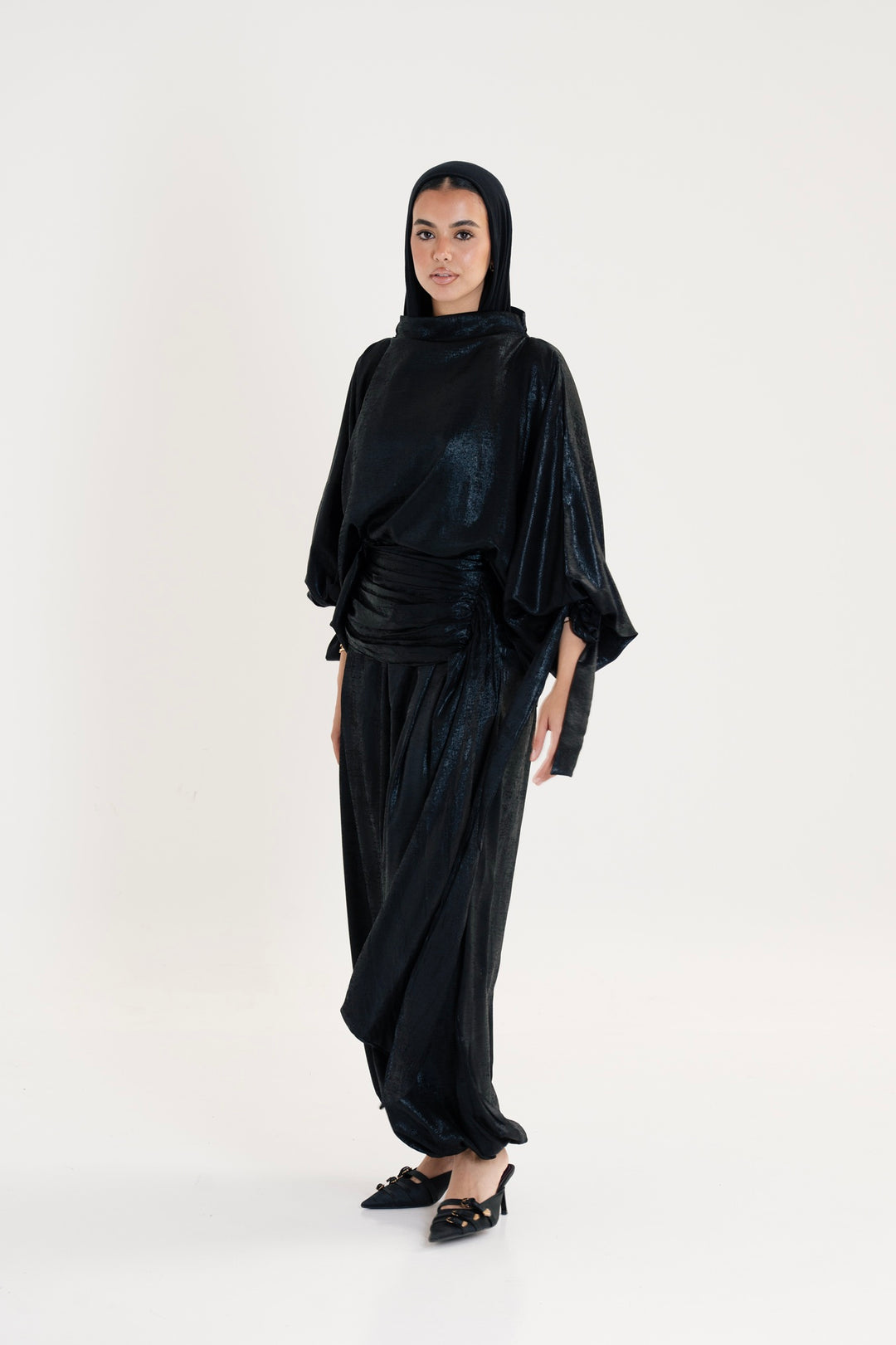 Draped Waist Evening Set - Black