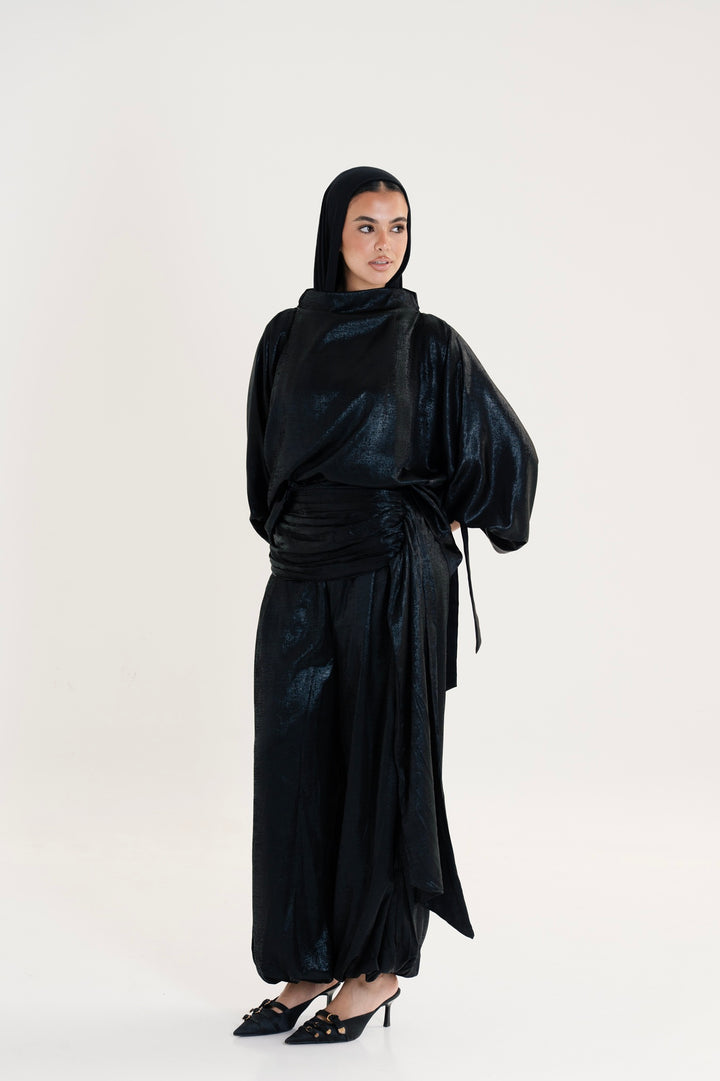 Draped Waist Evening Set - Black