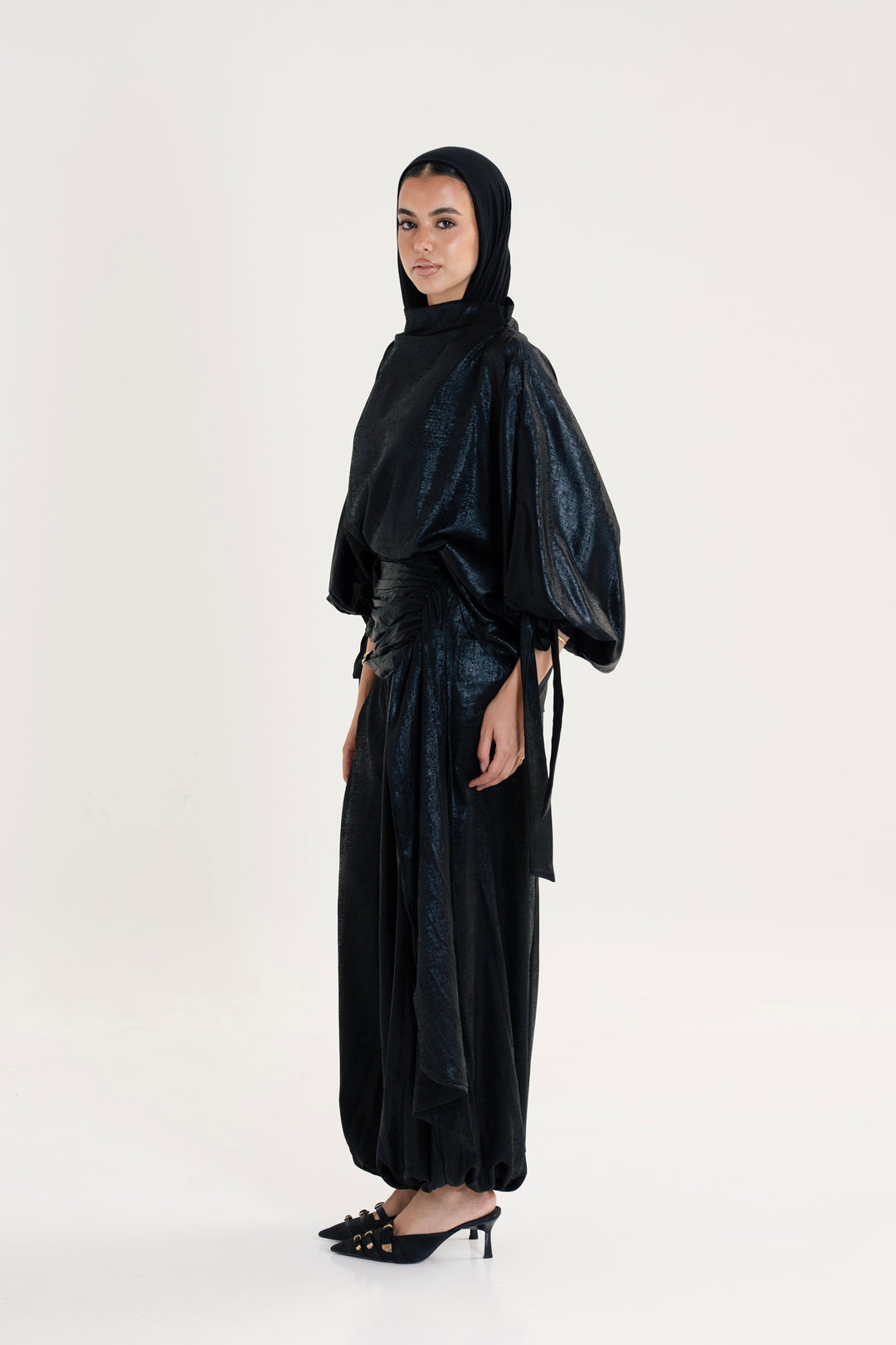Draped Waist Evening Set - Black