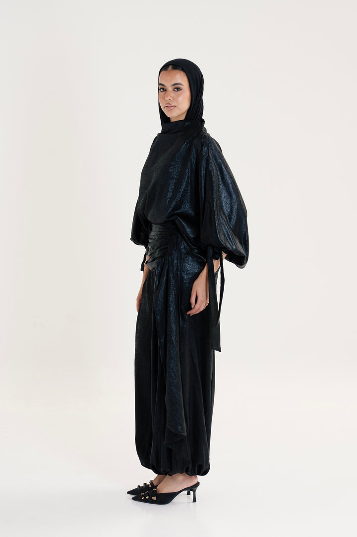 Draped Waist Evening Set - Black