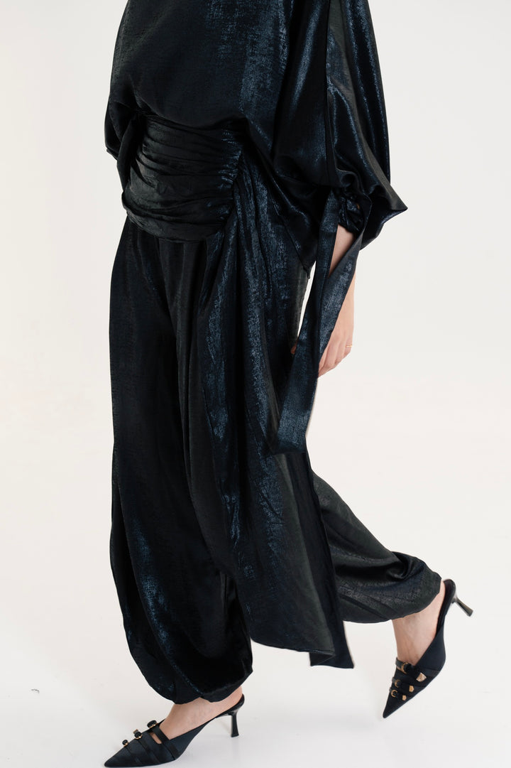 Draped Waist Evening Set - Black
