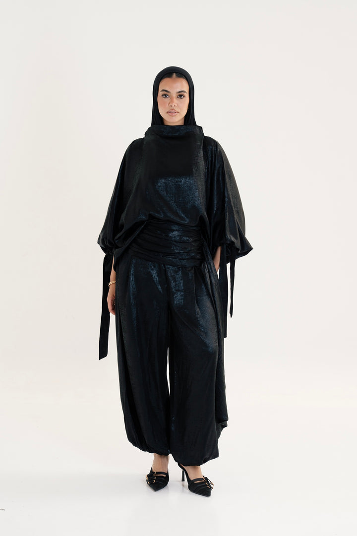 Draped Waist Evening Set - Black