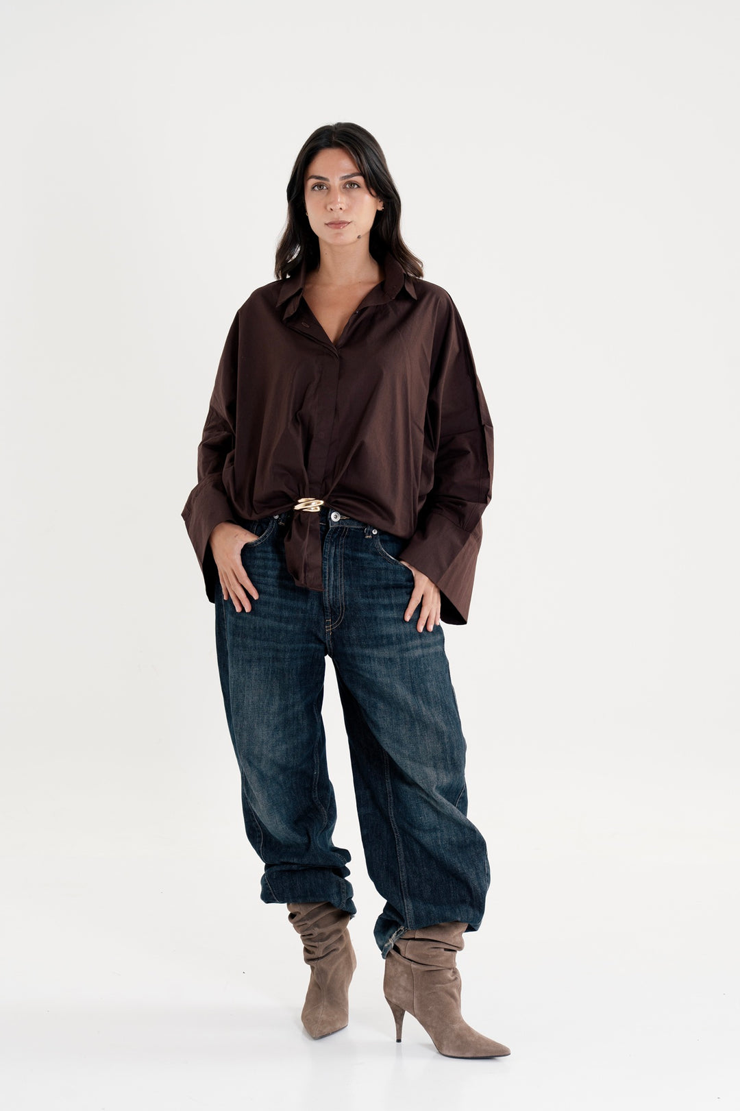 Poplin Shirt With Gold Pin - Brown- Round