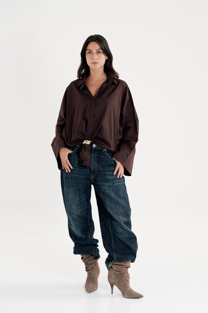 Poplin Shirt With Gold Pin - Brown- Round