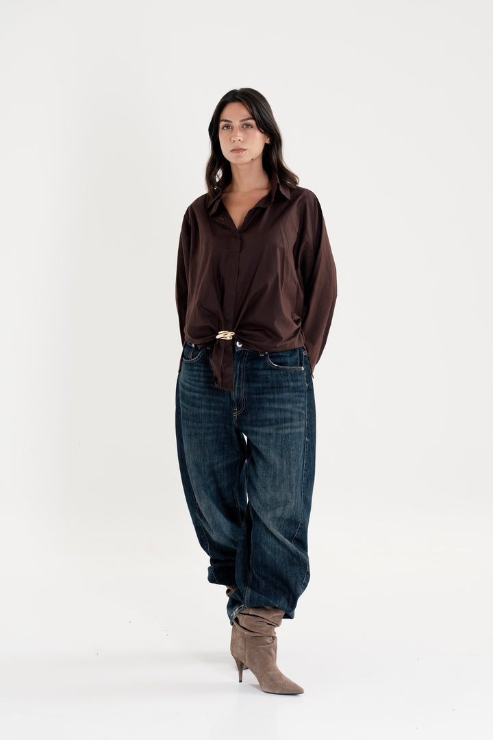 Poplin Shirt With Gold Pin - Brown- Round