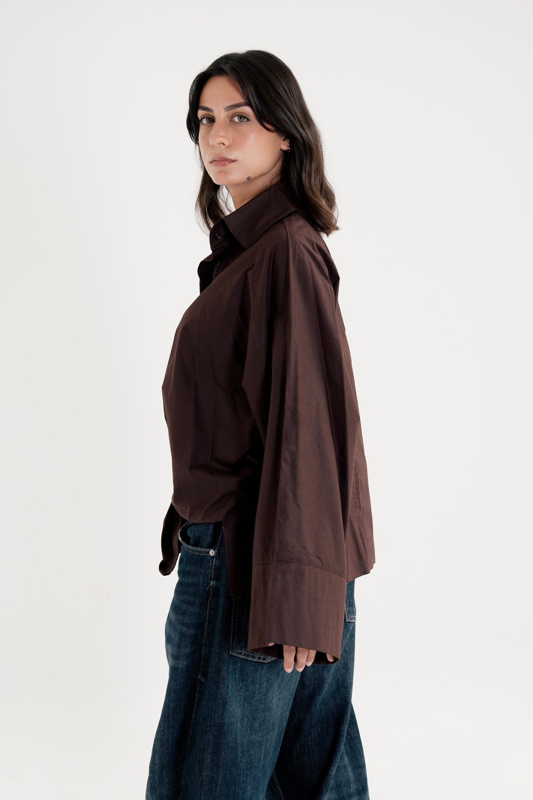 Poplin Shirt With Gold Pin - Brown- Round