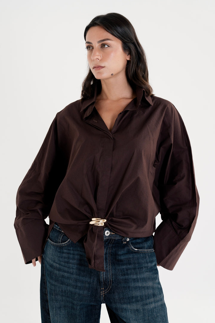 Poplin Shirt With Gold Pin - Brown- Round