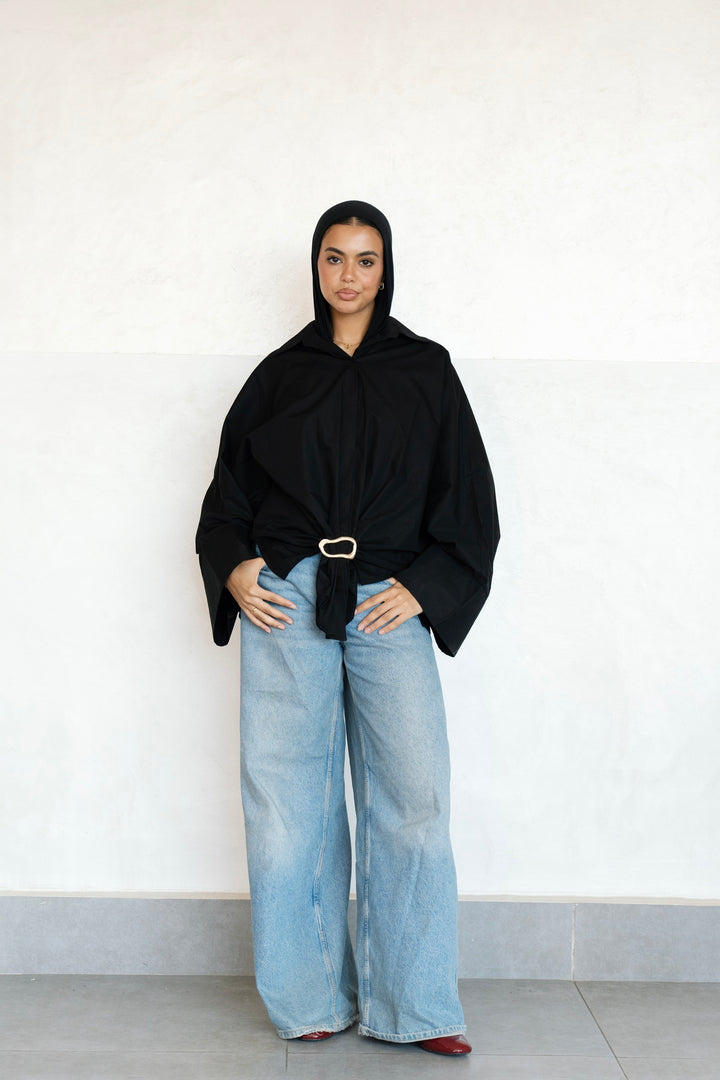 Poplin Shirt With Gold Pin- Black - Oval