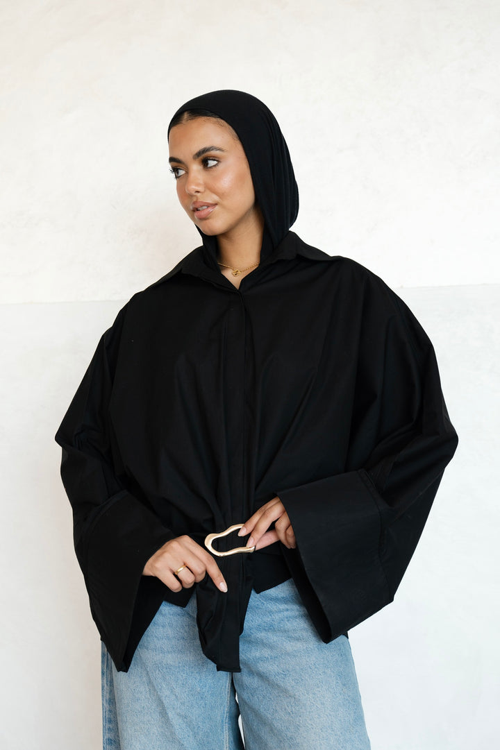 Poplin Shirt With Gold Pin- Black - Oval