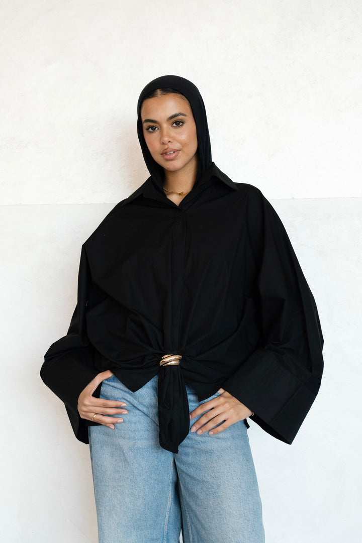 Poplin Shirt With Gold Pin - Black - Round