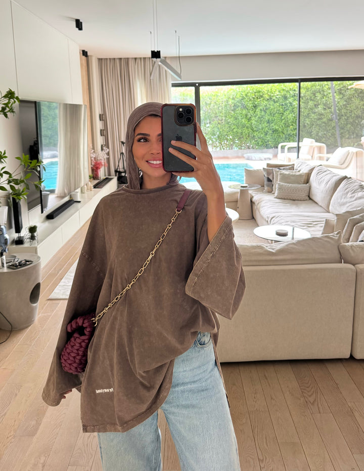 Stone washed Oversized T-shirt - Brown