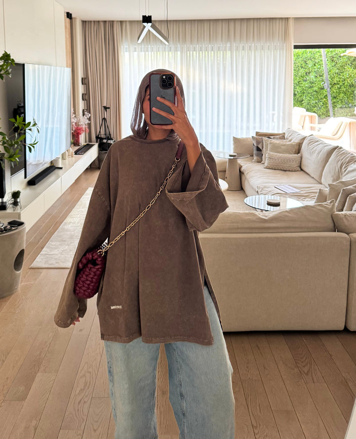 Stone washed Oversized T-shirt - Brown
