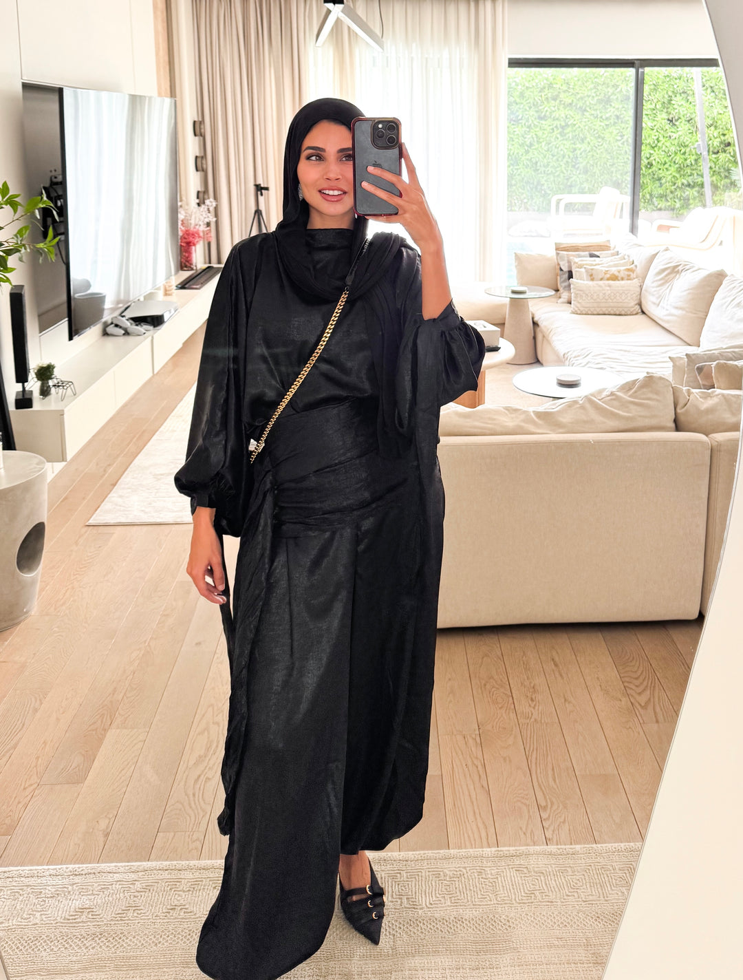 Draped Waist Evening Set - Black