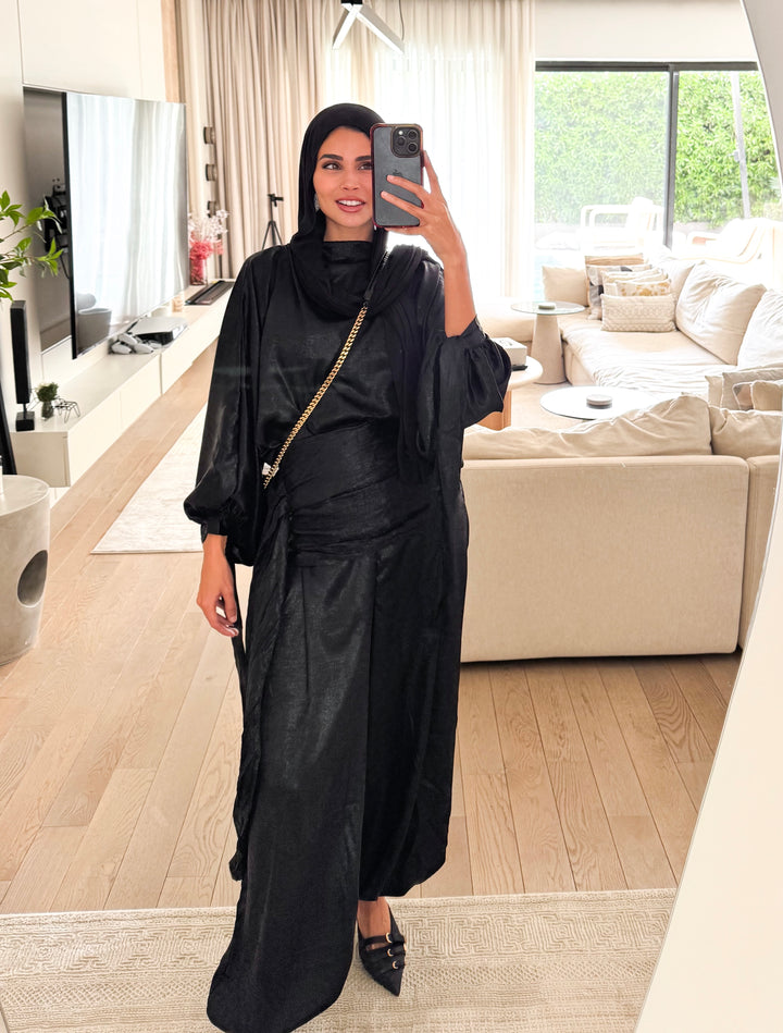 Draped Waist Evening Set - Black