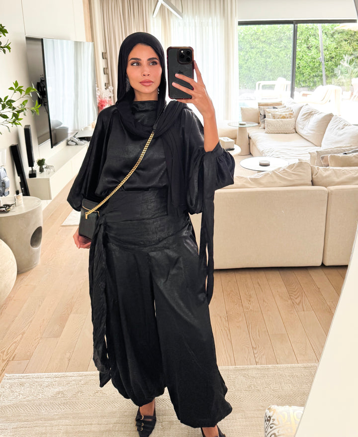 Draped Waist Evening Set - Black
