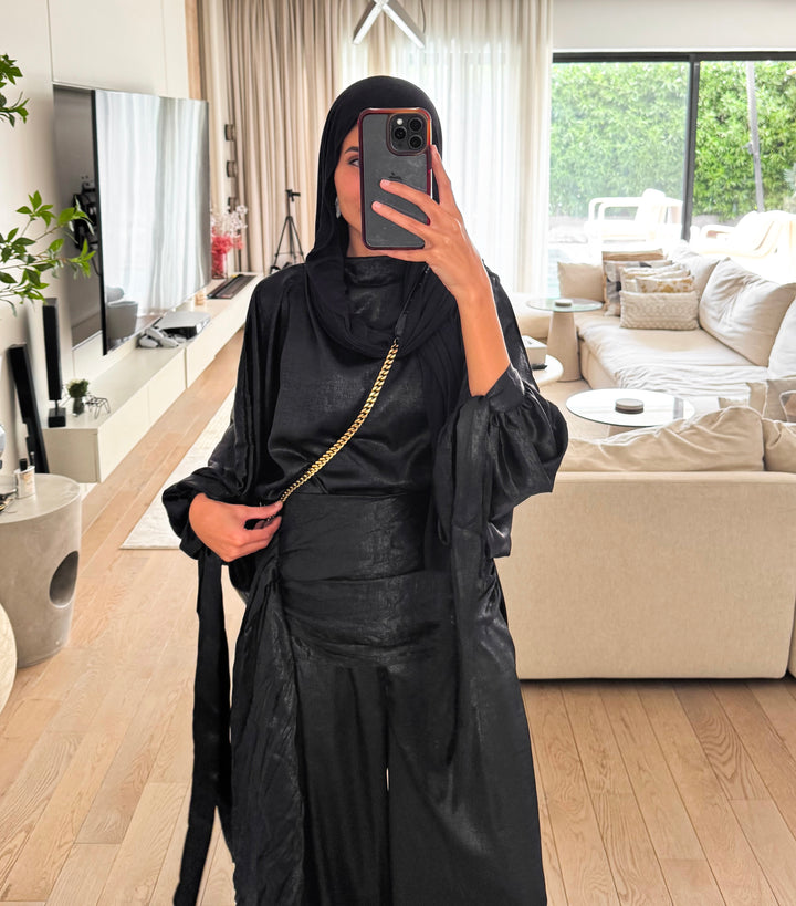 Draped Waist Evening Set - Black