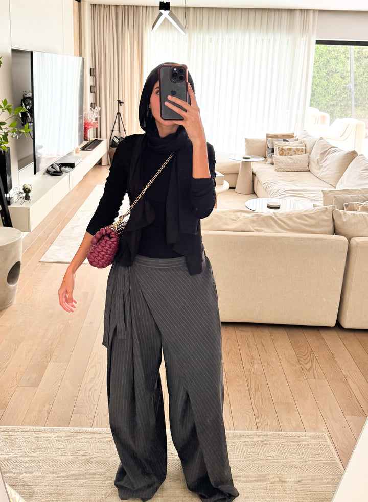 Striped Wrap Pants - Grey